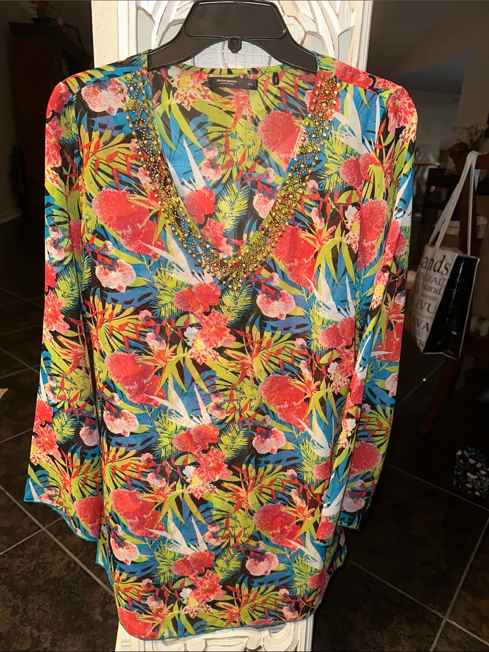 Gold Beaded V-Neck Tropical Floral Tunic Multicolored By Manguun Collection SZ40